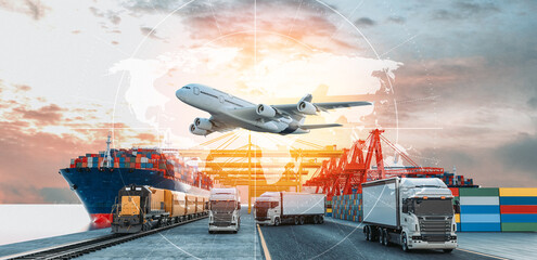 Logistics import export of containers cargo freight ship, truck transport container on highway at...