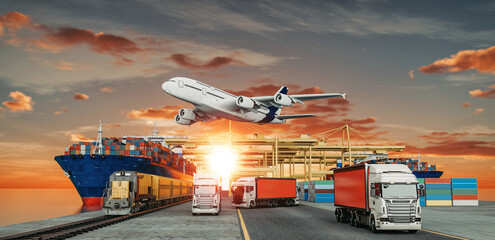 Logistics import export of containers cargo freight ship, truck transport container on highway at...
