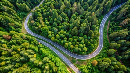 Aerial view of a winding road curving through a lush green forest, highlighting the importance of considering