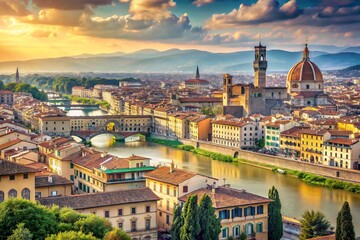 Aerial view of historic Florence, Italy, with iconic Duomo and Ponte Vecchio landmarks, surrounded by rolling hills and