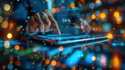 A businessman holding a tablet with a hologram of a growth graph and an upward-pointing arrow, financial data, and graphs for a business plan or stock market trading concept on a dark background. The 