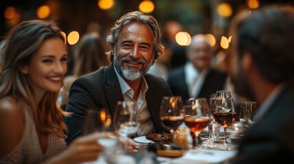 A joyful gathering at a dinner table with drinks and laughter.