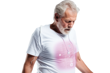 Futuristic photo of elderly man wearing high-tech vest checking his vital signs, isolated on white background.