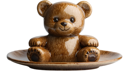 a brown teddy bear on a plate. 