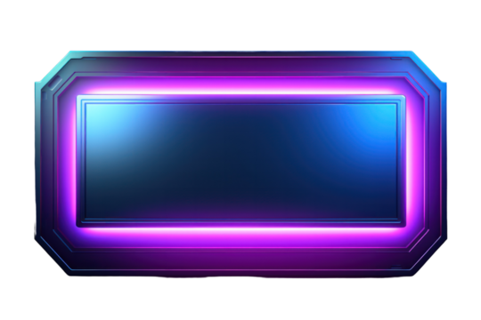 Futuristic horizontal banner made of metal panels and glowing neon lights, isolated on white background.