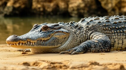 A crocodile lounging on a beach, with its rugged skin contrasting against the sandy shore.