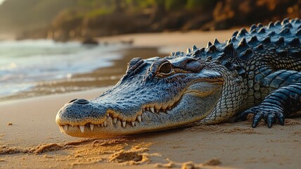 Obraz premium A crocodile lounging on a beach, with its rugged skin contrasting against the sandy shore.