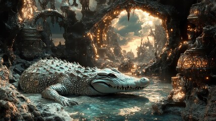 Fototapeta premium A surreal depiction of a crocodile in a fantastical setting, blending imaginative elements.