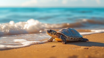 A terrapin basking on a sandy beach, with the ocean waves gently lapping at its feet.