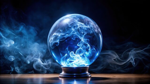 Crystal ball with blue smoke emitting energy on black background, crystal ball, energy, magic, sphera