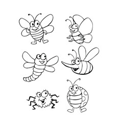 set of insects in doodle, in black by hand. collection of fly, bee, grasshopper, moth and beetles, isolated on white background