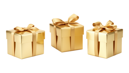 three golden gift box isolated on transparent background cutout