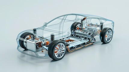 Line Art 3D Illustration Displaying a Modern Electric Car Chassis X-Ray, Revealing the Vehicle Battery in a Studio Environment