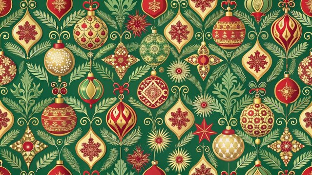 Fototapeta Vintage Christmas pattern with repeating green, red, and gold design, vintage, Christmas, repeatable, seamless, pattern, green