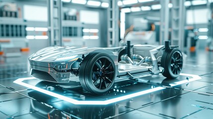 Studio Environment X-Ray: Line Art 3D Illustration of a Modern Electric Car Chassis, Revealing the Vehicle Battery