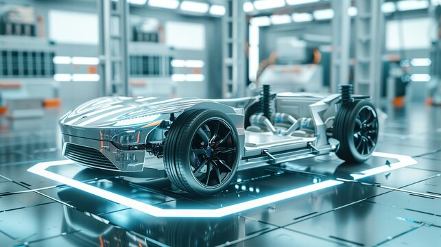 Studio Environment X-Ray: Line Art 3D Illustration of a Modern Electric Car Chassis, Revealing the Vehicle Battery