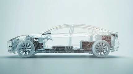 Studio Environment X-Ray: Line Art 3D Illustration of a Modern Electric Car Chassis, Revealing the Vehicle Battery