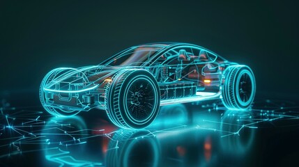 Revealing the Vehicle Battery: Line Art 3D Illustration of a Modern Electric Car Chassis X-Ray in a Studio Setting