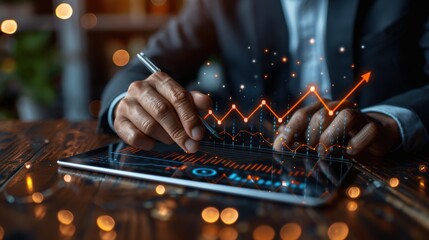 A businessman holding a tablet with a hologram of a growth graph and an upward-pointing arrow, financial data, and graphs for a business plan or stock market trading concept on a dark background. The 