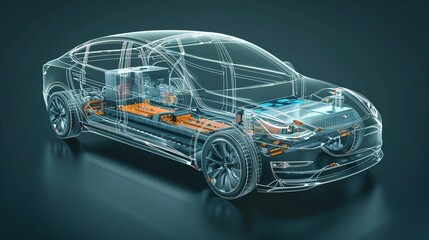 Modern Electric Car Chassis X-Ray: Line Art 3D Illustration in a Studio Environment, Highlighting the Vehicle Battery