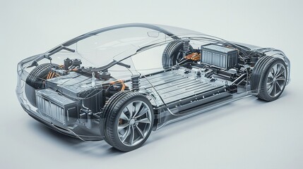 Modern Electric Car Chassis X-Ray: Line Art 3D Illustration in a Studio Environment, Highlighting the Vehicle Battery