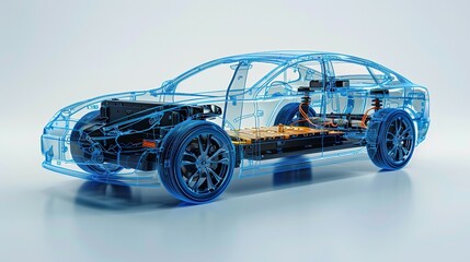 Studio Setting X-Ray: Line Art 3D Illustration of a Modern Electric Car Chassis, Showcasing the Vehicle Battery