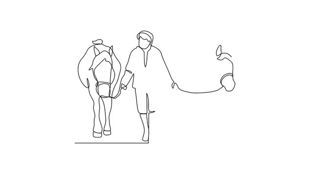Animated self drawing of 
someone is leading his horse video illustration. Animal themes design concept in simple linear style vector. Good asset for educational presentation animal purpose.