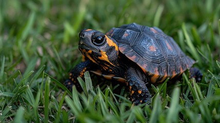 Fototapeta premium Curious Pet Turtle Roaming Garden - Detailed Ground Exploration 