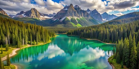 Obraz premium Aerial view of serene Emerald Lake in glacier water surrounded by forest and rocky mountain peaks, glacier, water