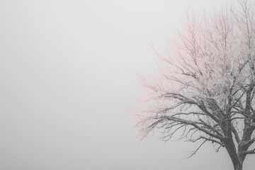 Obraz premium Frozen tree standing alone in winter fog landscape
