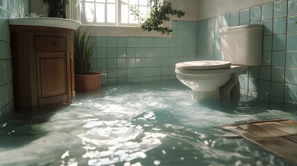 A flooded bathroom with water pooling around the toilet and sink