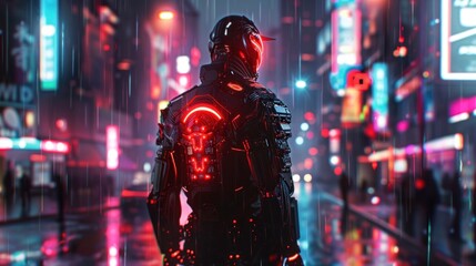 Futuristic cyborg neon army with blurry cyberpunk city street background AI generated image