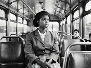 African American woman sitting on a bus, defiantly refusing to give up her seat, sparking a pivotal moment