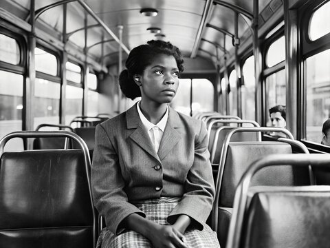 African American woman sitting on a bus, defiantly refusing to give up her seat, sparking a pivotal moment