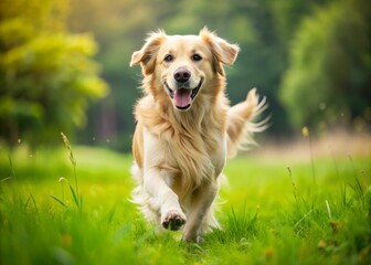 A friendly English Retriever dog with a fluffy golden coat and floppy ears runs playfully in a lush