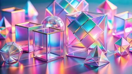 Abstract holographic geometric shapes on pink pastel background, , holographic, abstract, geometric, shapes, cubes