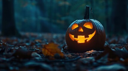 Halloween pumpkin lanterns glowing at night AI generated image