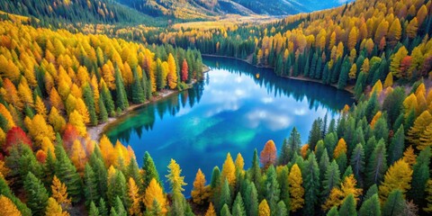 Aerial view of vibrant Tamarack pine trees in autumn hues next to a serene blue mountain lake, Tamarack, pine trees