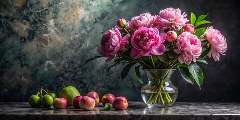 Beautiful still life with peonies in a vase and fruit on a dark marble background, peonies, flowers, vase
