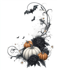 Creepy Floral Halloween Design with Pumpkin, Bats, and Cobwebs