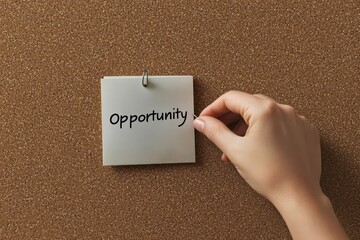 A hand pinning a note labeled "Opportunity" to a corkboard, symbolizing new chances, motivation, and career possibilities.