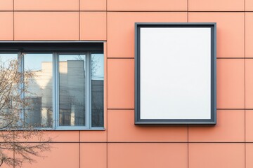 Fototapeta premium Signboard poster mockup on a facade of the building, blank space to display your advertising or branding campaign , ai