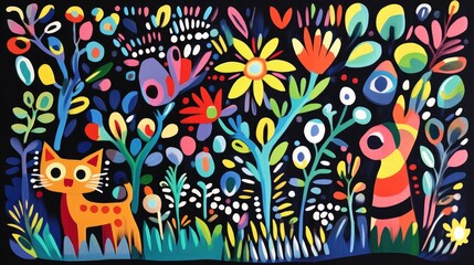 Naklejka premium Colorful Abstract Art: Flowers, Cats, and a Black Background