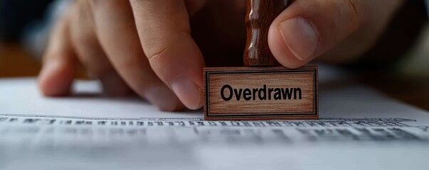 A close-up of a hand stamping "Overdrawn" on a financial document, symbolizing insufficient funds or banking overdraft issues.