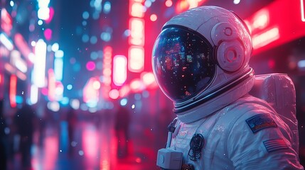 Astronaut Exploring Futuristic Neon Lit City at Night