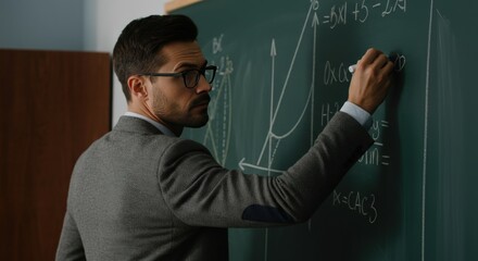 Focused Teacher Writing Mathematical Equations on Blackboard