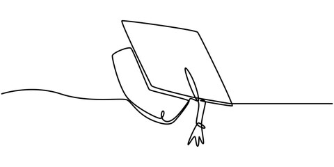 Continuous one line drawing of graduation cap isolated on white background vector illustration, Graduation Single Line Icon, Graduation hat cap one continuous line.Academic cap line art.Student hat