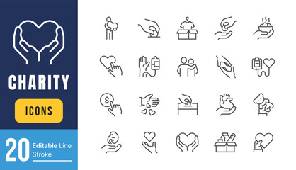 Set of Charity Related Vector Line Icons. Contains such Icons as Help, Box of Clothes, Toys Giveaway and more. Editable Stroke.