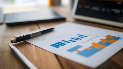 Close-up of a Pen and Bar Graph on a Wooden Desk