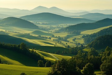 A scenic view of rolling green hills and distant mountains in the Kralicky Sneznik Mountains of Czechia. The landscape is bathed in warm sunlight, creating a serene and peaceful atmosphere , ai